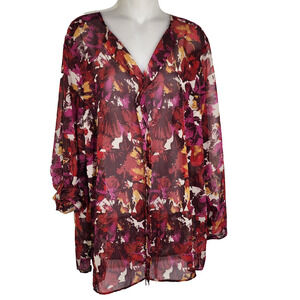 Denim & Co. Womens Floral Print Woven Top Sheer Long Tab Sleeve Pullover Size XL